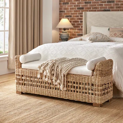 Anesty 56'' W Flip Compartment Storage Rattan Upholstered Bench with Two Pillows and Solid Wood Feet | Wayfair North America