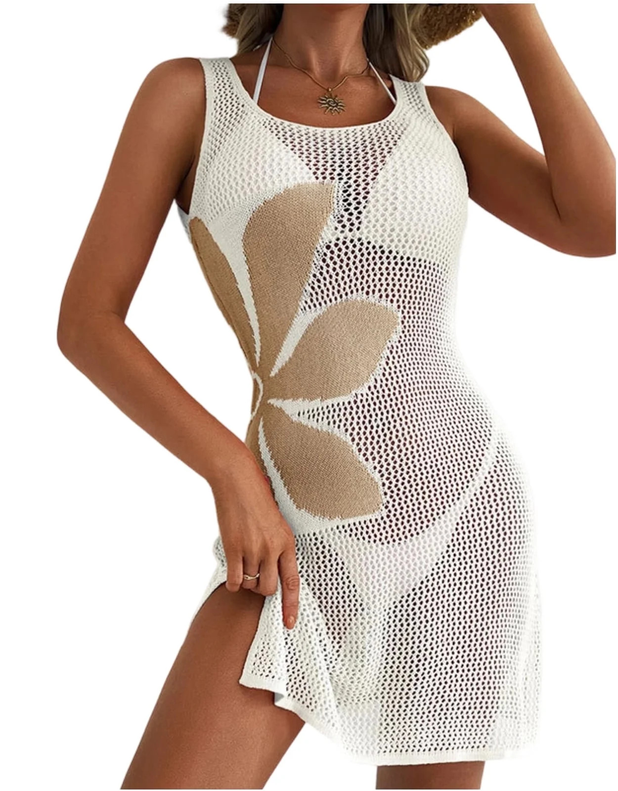 Women Swimsuit Cover up Flower Printed Bikini Sleeveless Beach Dress Crochet Hollow Out Coverup A... | Walmart (US)