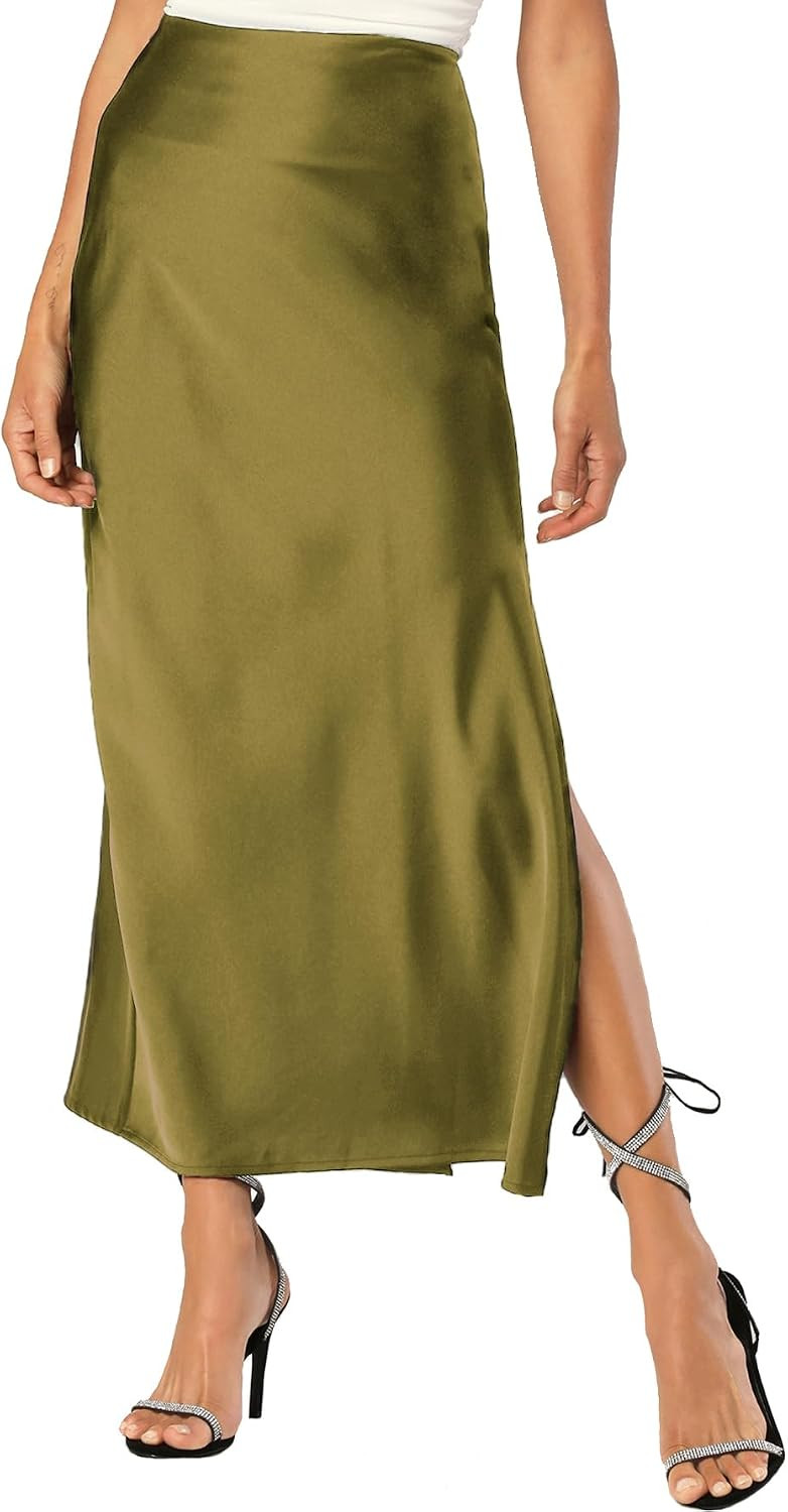 Womens Satin Silk Maxi Slit Skirt Elastic Waistband Leopard Print Maxi Long Satin Slit Skirts for Women | Amazon (US)
