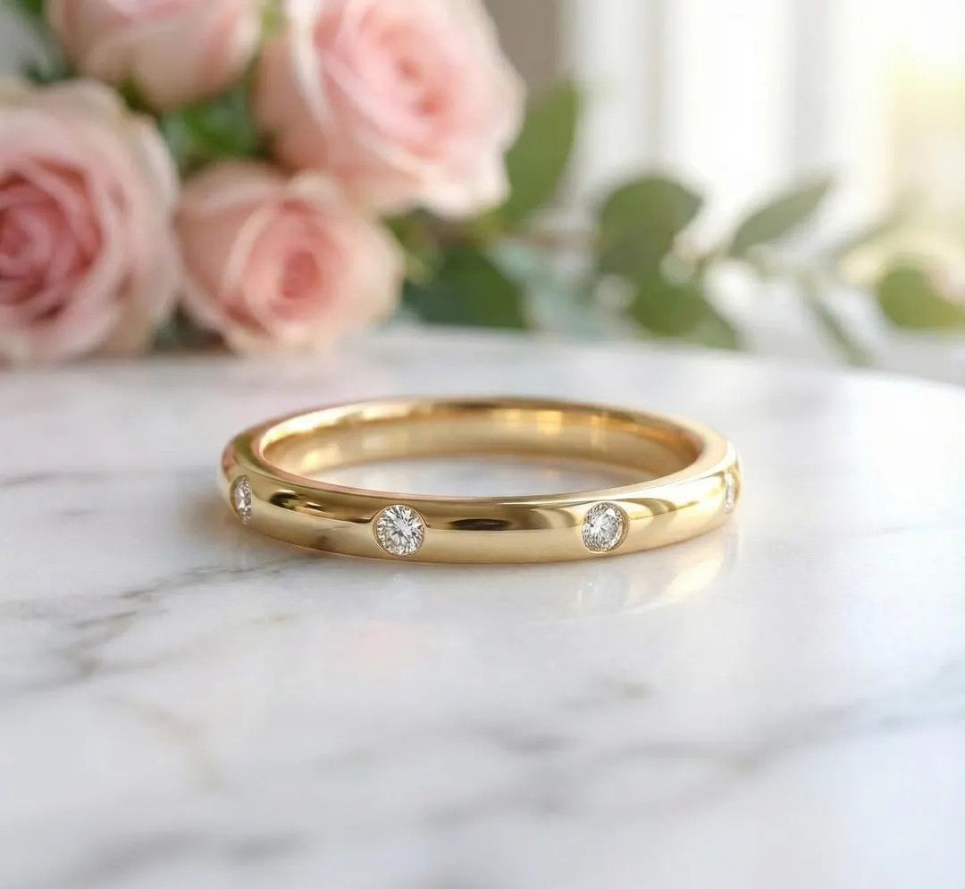 14K Solid Gold Bezel Set Diamond Wedding Band Ring | Minimalist Stackable Ring | Dainty Anniversa... | Etsy (Global)