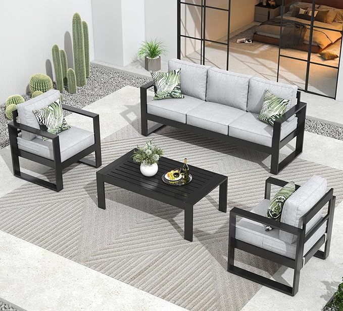 Outdoor Aluminum Furniture Set - 4 Pieces Modern Patio Conversation Sets Metal Sectional Sofa wit... | Amazon (US)