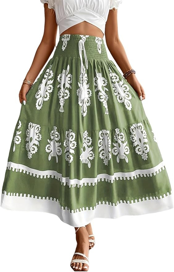 utcoco Women's 2025 Summer Beach Floral Print Maxi Skirts Elastic High Waist A Line Pleated Boho ... | Amazon (US)