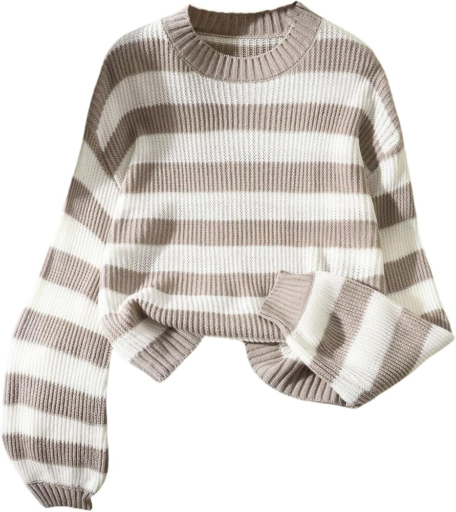 Verdusa Women's Fall Outfits Striped Cozy Sweaters Streetwear Lantern Sleeve Knit Pullover Tops | Amazon (US)
