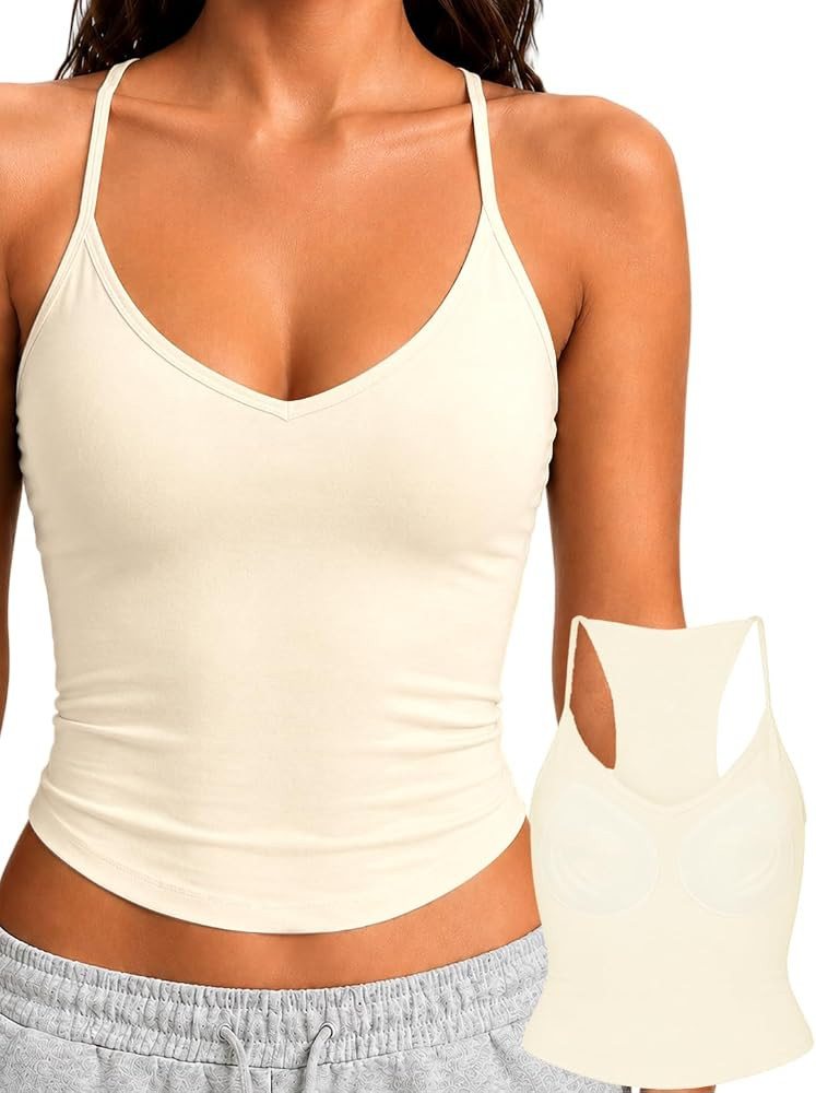 Danysu Padded Tank Tops for Women Double Line V Neck Racerback Camisole | Amazon (US)