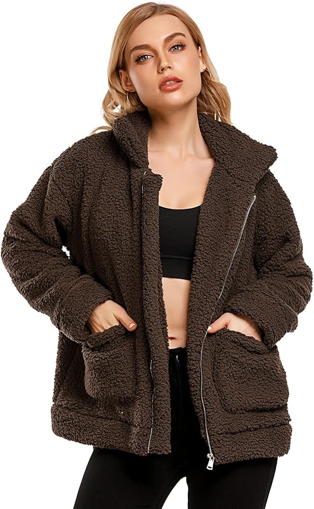 Comeon Women's Coat Casual Lapel Fleece Fuzzy Faux Shearling Zipper Coats Warm Winter Oversized O... | Amazon (US)