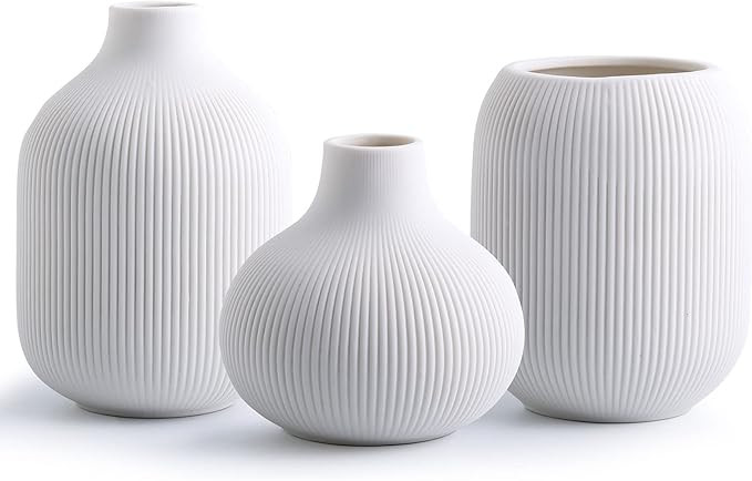 White Ceramic Vase Set of 3,Small Ribbed Vases for Rustic Home Decor,Modern Minimalist Decor,Shel... | Amazon (US)