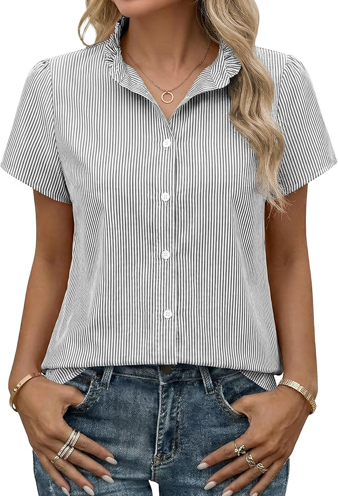 Funlingo Women's Striped Button Down Shirts Summer Short Sleeve Tops Ruffle Collar Work Blouses B... | Amazon (US)