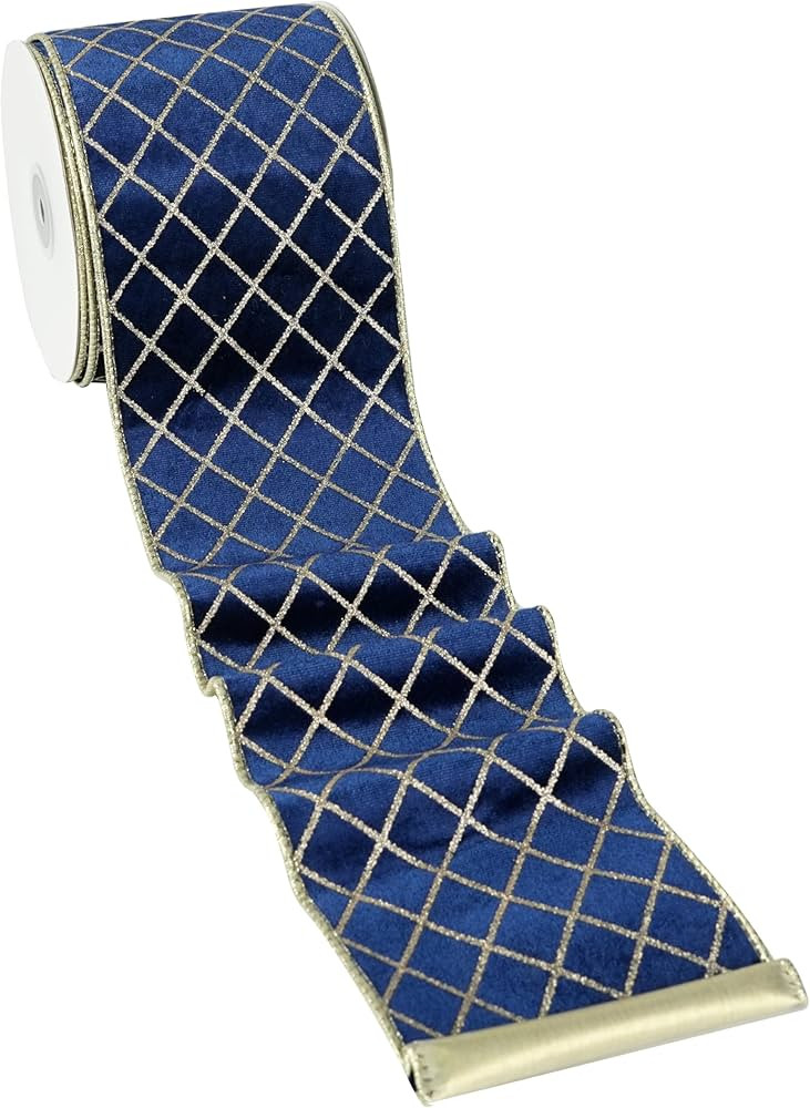 MAYREEL 4 Inch Navy Blue and Gold Velvet Wired Ribbon Metallic Diamond Glitter Grid for Christmas... | Amazon (US)