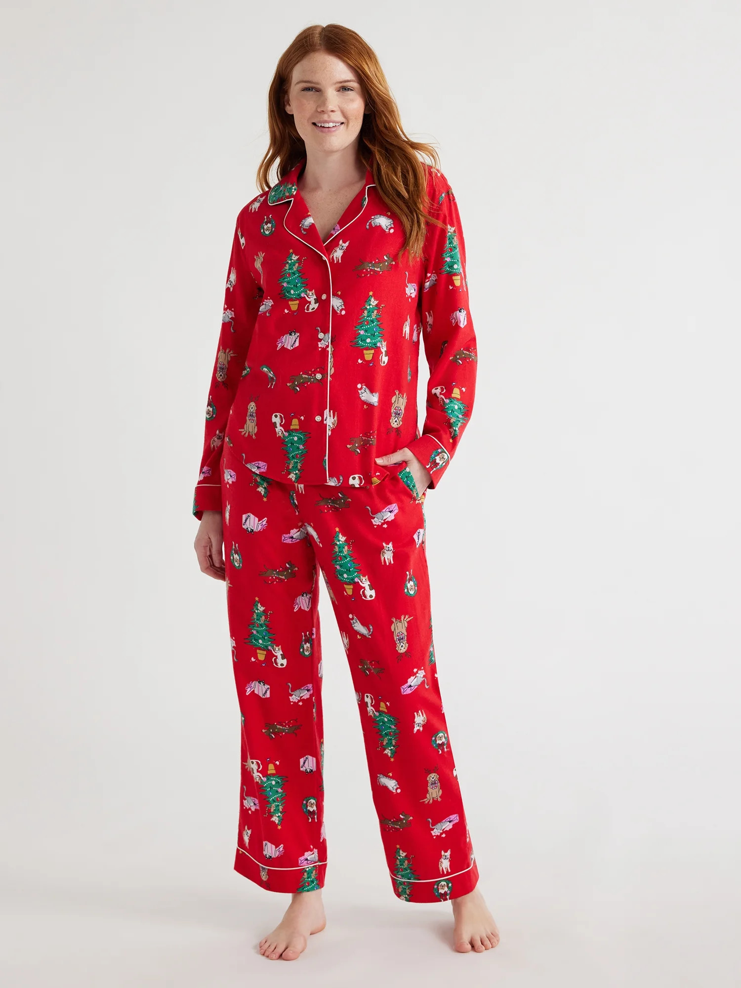 Joyspun Women's Long Sleeve Flannel Sleep Top and Pants Pajama Set, 2-Piece, Sizes XS to 3X | Walmart (US)