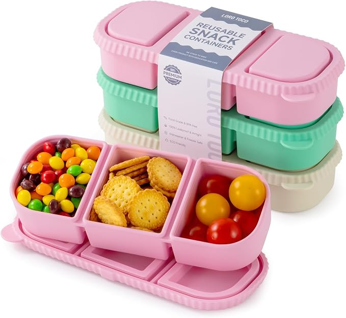 3 Pack Silicone Reusable Snack Containers with Lids - 3 Compartment Snackle Box for Kids & Adults... | Amazon (US)