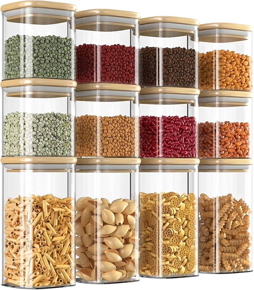 Finew Glass Storage Jars with Bamboo Lid, 12 Pack Airtight Food Jars Set, Clear Kitchen Storage C... | Amazon (UK)