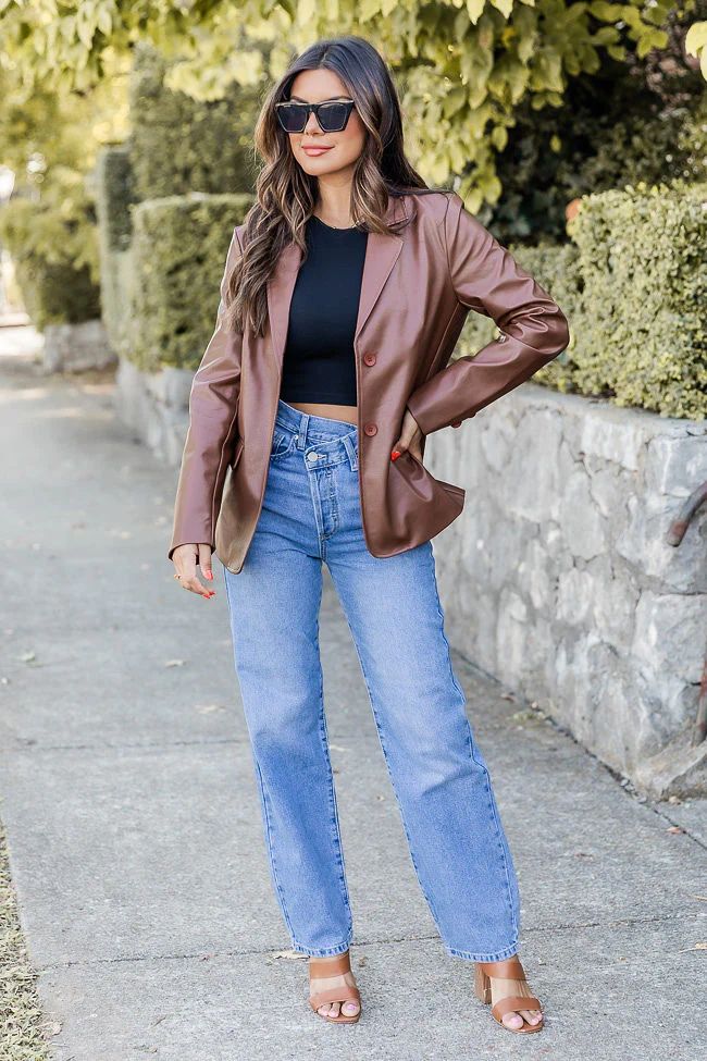Saving My Love Brown Faux Leather Blazer | Pink Lily