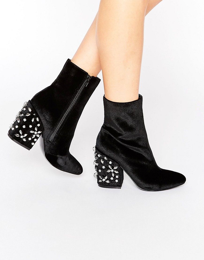 ASOS ENDORIA Velvet Embellished Heel Ankle Boots - Black | Asos EE