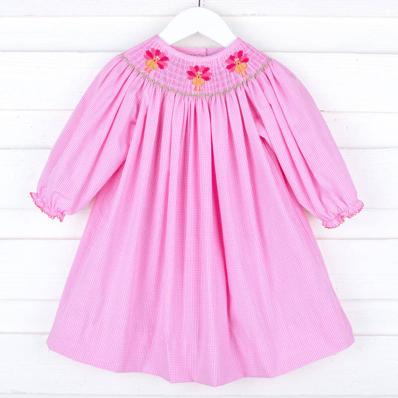 Pink Turkey Smocked Long Sleeve Bishop Dress | Classic Whimsy