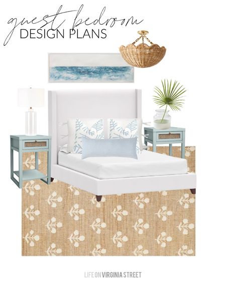 Guest bedroom design plans for our Florida new build! I love this scalloped wicker light fixture, white upholstered bed, fern pillow covers, ocean art, block print rug, small blue gray nightstands with cane drawers, a white ceramic lamp, and coastal decor. Get more details and additional design plans here: https://lifeonvirginiastreet.com/florida-design-plan-ideas/
.
#ltkhome #ltksalealert #ltkunder50 #ltkunder100 #ltkstyletip #ltkfind #ltkseasonal

#LTKSeasonal #LTKsalealert #LTKhome