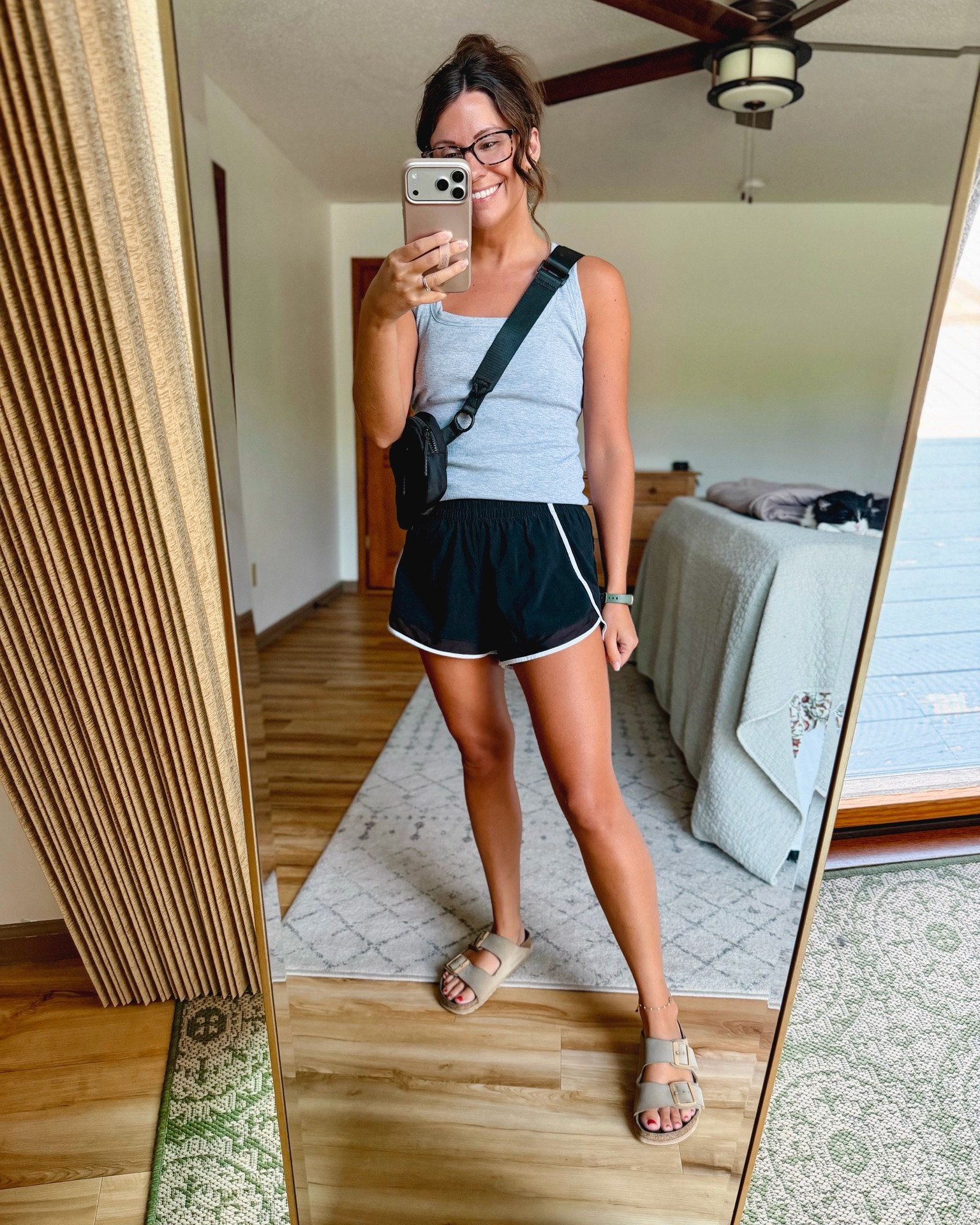 Small in my tank (has a built in bra but I took the pads out and used my Cakes covers) and xxs in my shorts. My Birkenstock sandals are size 36. 

My belt bag is sold out/older, so linked similar!

#LTKPetite #LTKgrwm #LTKootd