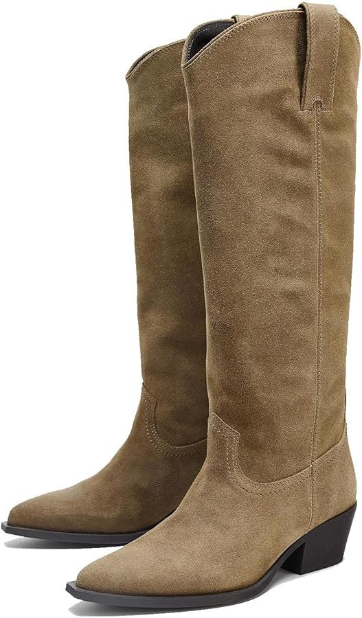 Suede Knee High Boots for Women Pointed Toe Pull on Wide Calf Chunky Low Heels Fashion Casual Fal... | Amazon (US)