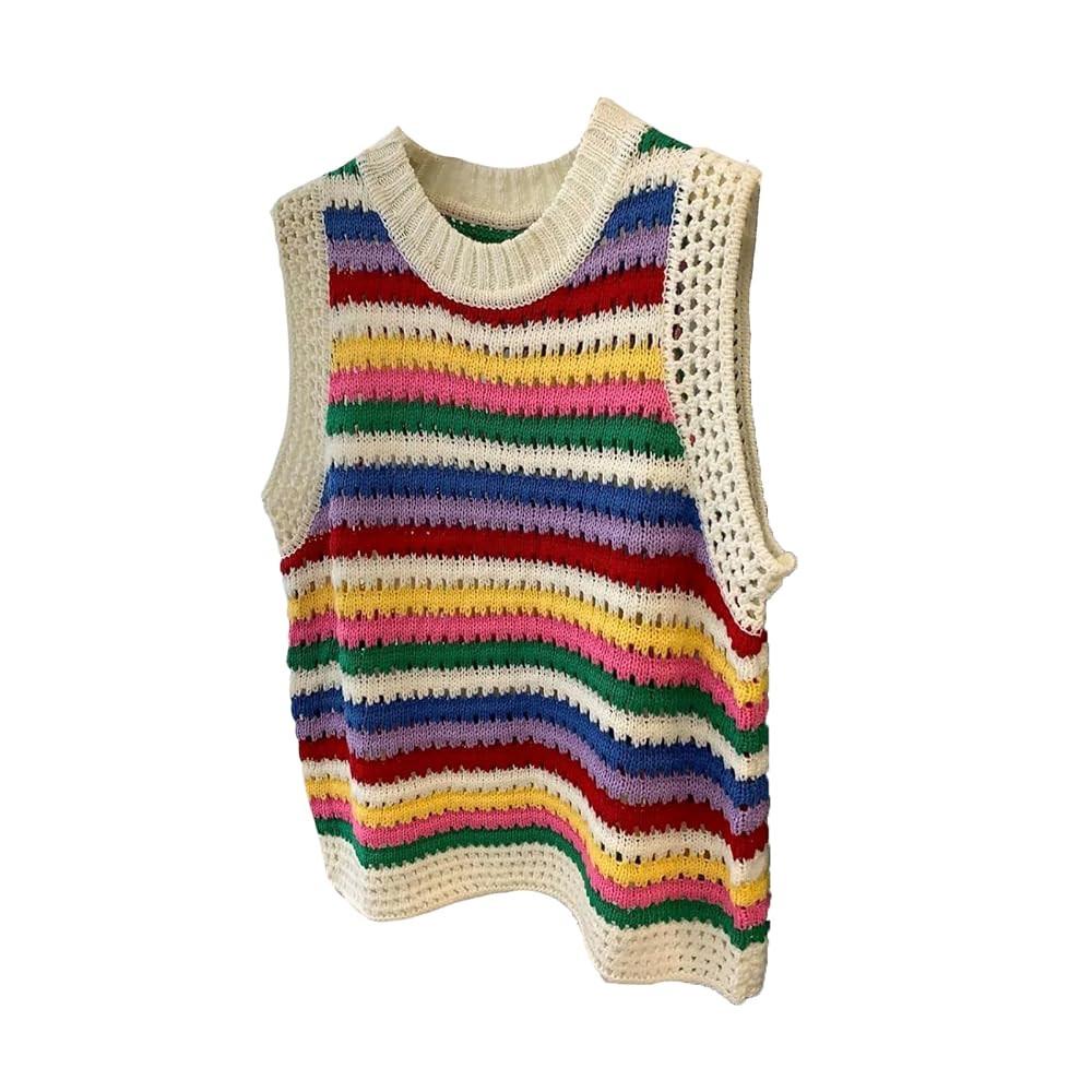 CORIRESHA Women's Fashion Rainbow Stripe Knitted Tank Top Crewneck Summer Hollow Out Vest | Amazon (US)