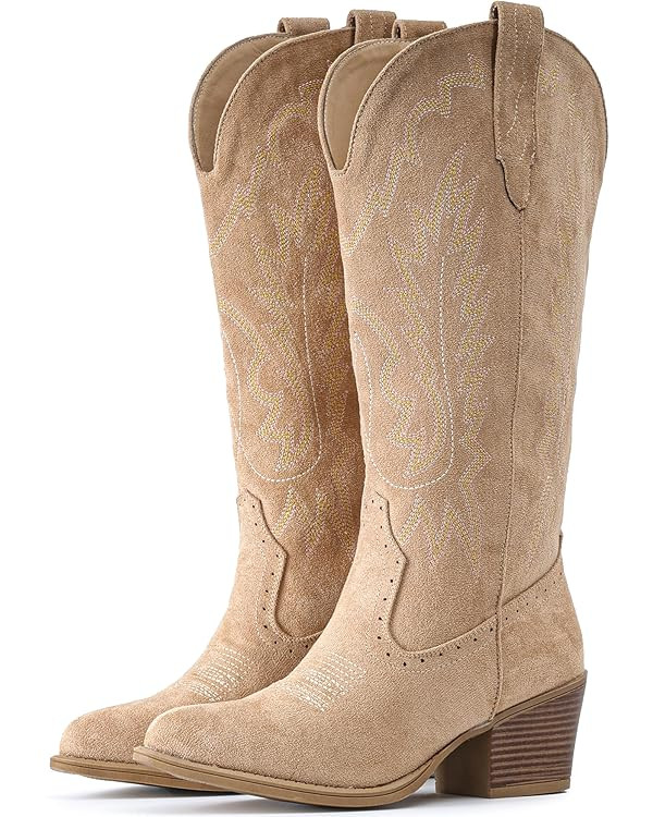 IUV Suede Cowboy Boots For Women Chunky Heel Pointed Toe Cowgirl Boots Mid Calf Western Embroider... | Amazon (US)