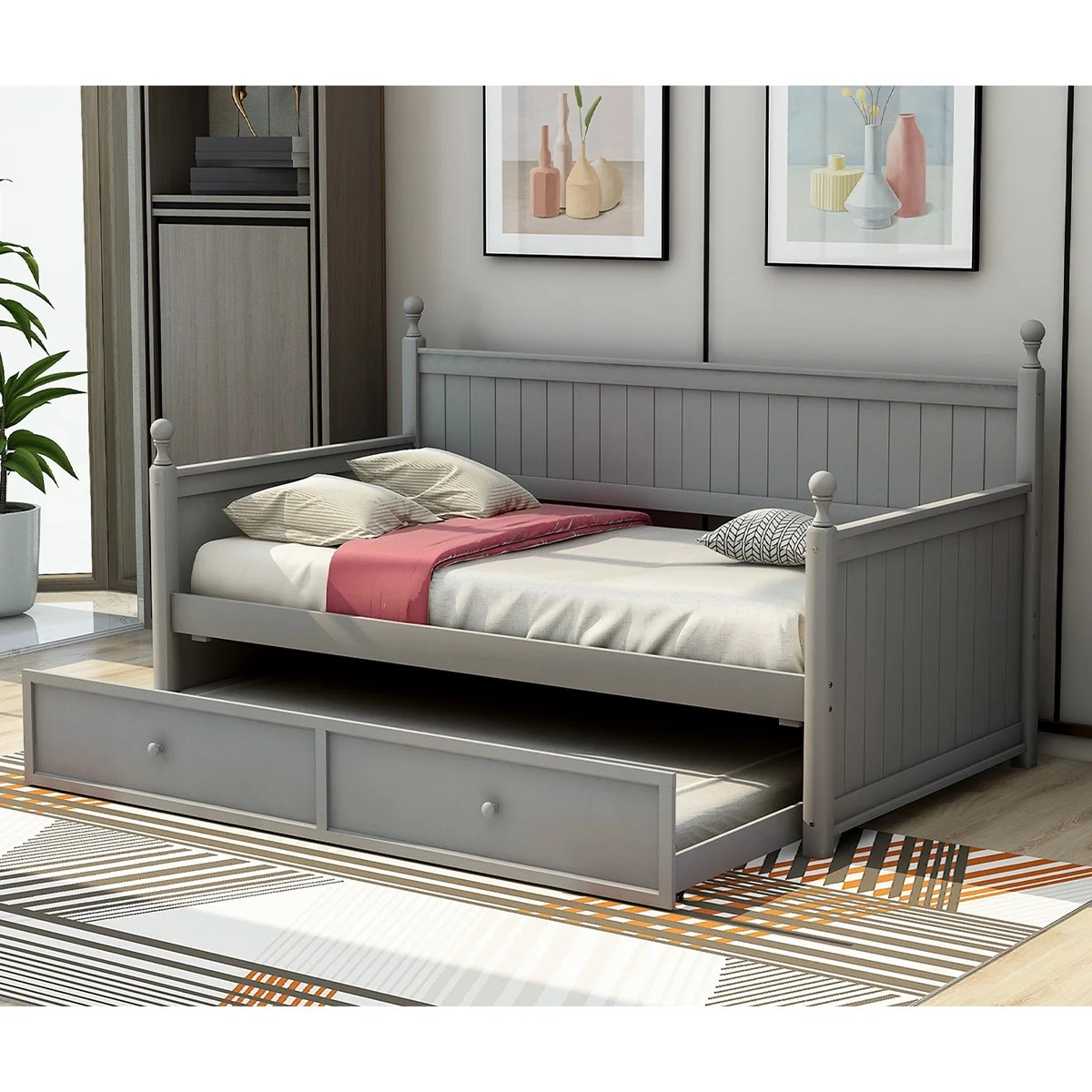 Sentern Classic Pine Wood with Trundle Daybed, Twin, Gray - Walmart.com | Walmart (US)