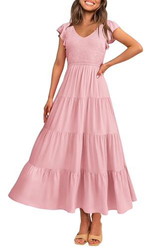 PRETTYGARDEN Women's Summer Flowy Maxi Dress Casual Cap Sleeve V Neck Smocked Beach Sundress | Amazon (US)