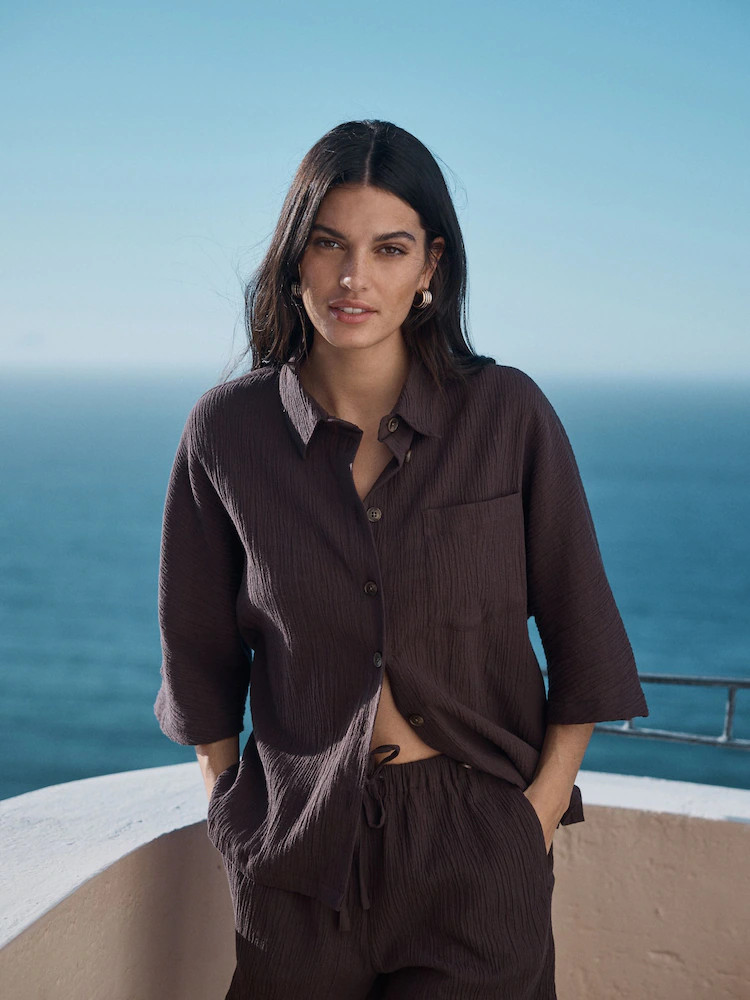Chocolate Brown Textured Short Sleeve Shirt with Linen | Next EU