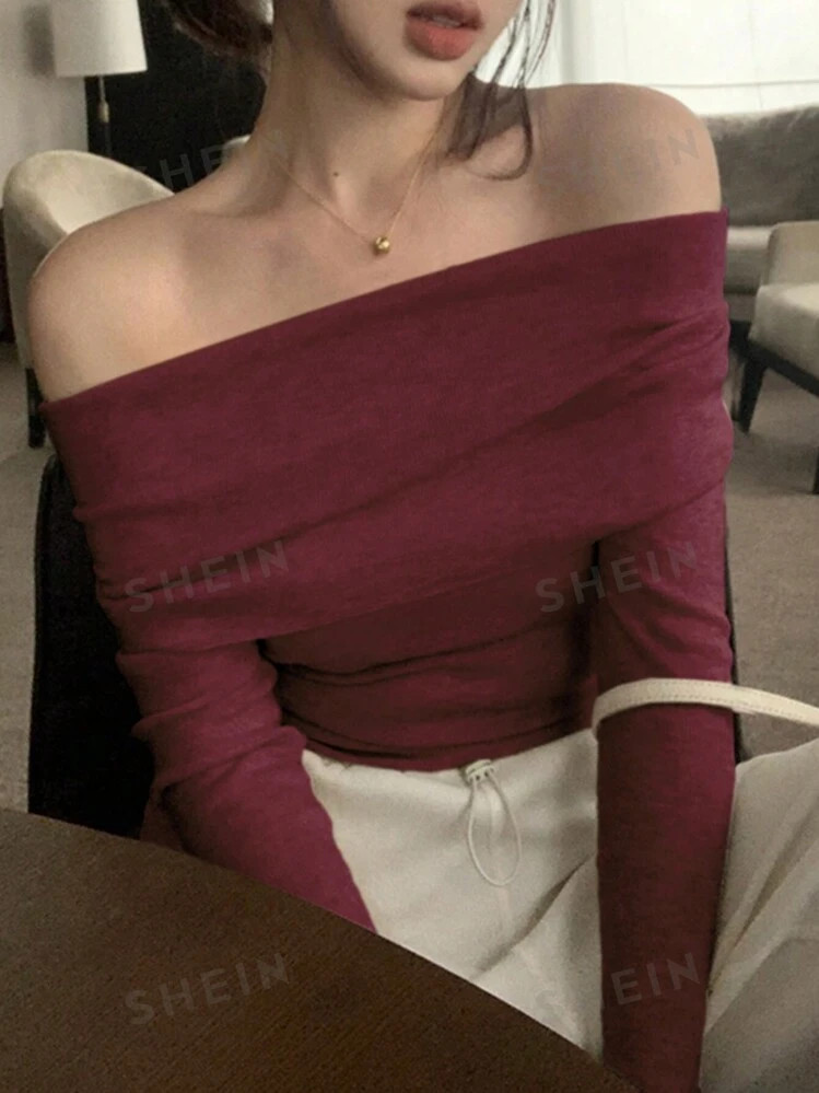 DAZY Women's Solid Color Off-Shoulder Long Sleeve Fitted Knit Sweater, Suitable For Christmas, Au... | SHEIN