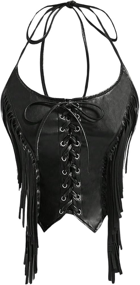 MakeMeChic Women's Lace Up Fringe PU Leather Summer Vest Tie Back Asymmetrical Hem Cropped Halter... | Amazon (US)