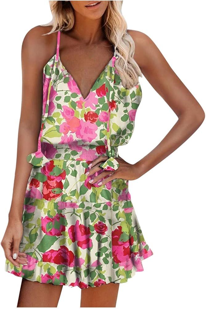 Generic Women's Summer Bohemian Floral Print Strappy Dress Casual Loose Mini Short Sundress | Amazon (US)