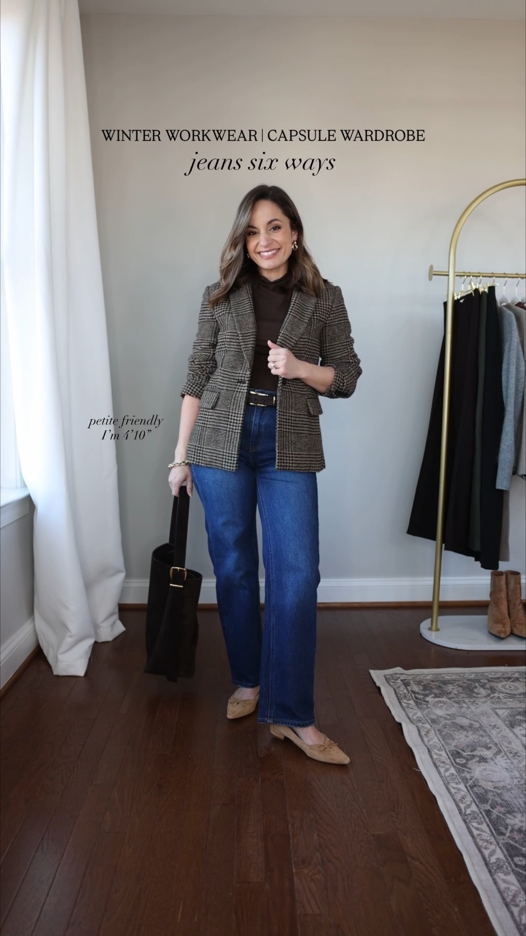 A petite-friendly winter workwear capsule wardrobe: outfits for work with jeans! 

Jeans (Quince): 24 x 28” in stormy blue - jeans start at a 26” inseam, in wearing 28”. True to size stretch denim that holds shape with wear. Slight shrinkage in the dryer, mine have shrunk 1” in length over time. 

7 tops 
Tan V-neck cardigan (Quince): xs in oatmeal 
Green sweater (J.Crew Factory): xxs
Black cardigan (Gap): xxs (recommend a size up) 
Mauve cardigan (Madewell): xxs 
Gray cardigan (Quince): xs 
Taupe cardigan (Quince): xxs in nomad taupe 
White button down (J.Crew Factory): petite xxs 

3 base layers 
Brown top (Amazon): xs 
Black turtleneck (J.Crew Factory): xxs 
White top (Quince): xs 

3 blazers 
Plaid blazer (BR Factory): petite 00 (mostly sold out in petite) 
Tan blazer (J.Crew): petite 00 
Brown blazer (Banana Republic): petite xxs (recommend a size up) 

My measurements for reference: I’m 4’10” and 105lbs. My bust, waist, and hip measurement is 32”, 24”, and 36”.

#LTKPetite #LTKWorkwear