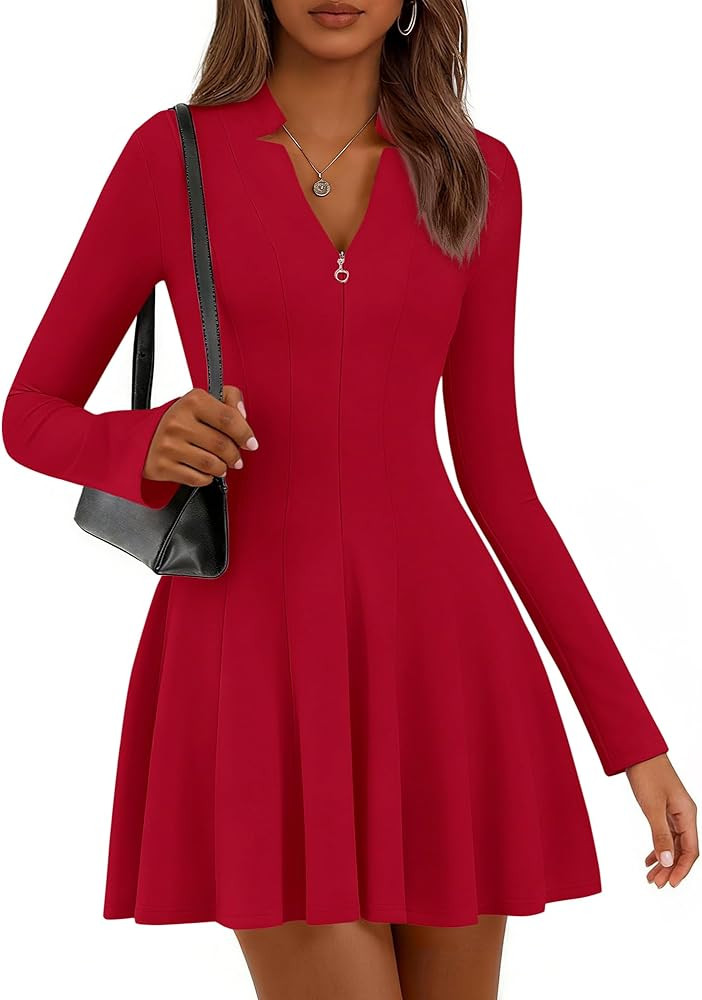 Lazysmile Fall Dresses for Women Long Sleeve V Neck Half Zip A Line Swing Casual Party Club Mini ... | Amazon (US)