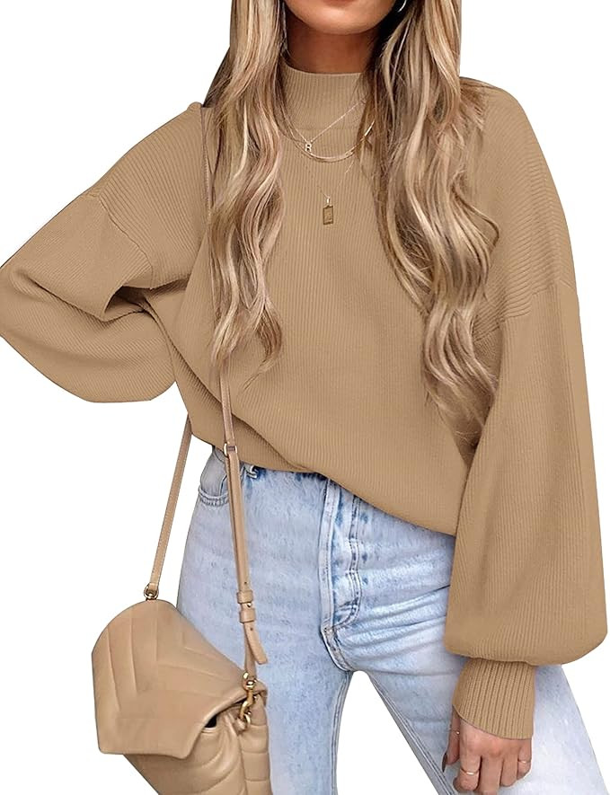 ZESICA Women's Casual Turtleneck Long Lantern Sleeve Oversized Ribbed Knit Pullover Sweater Jumpe... | Amazon (US)