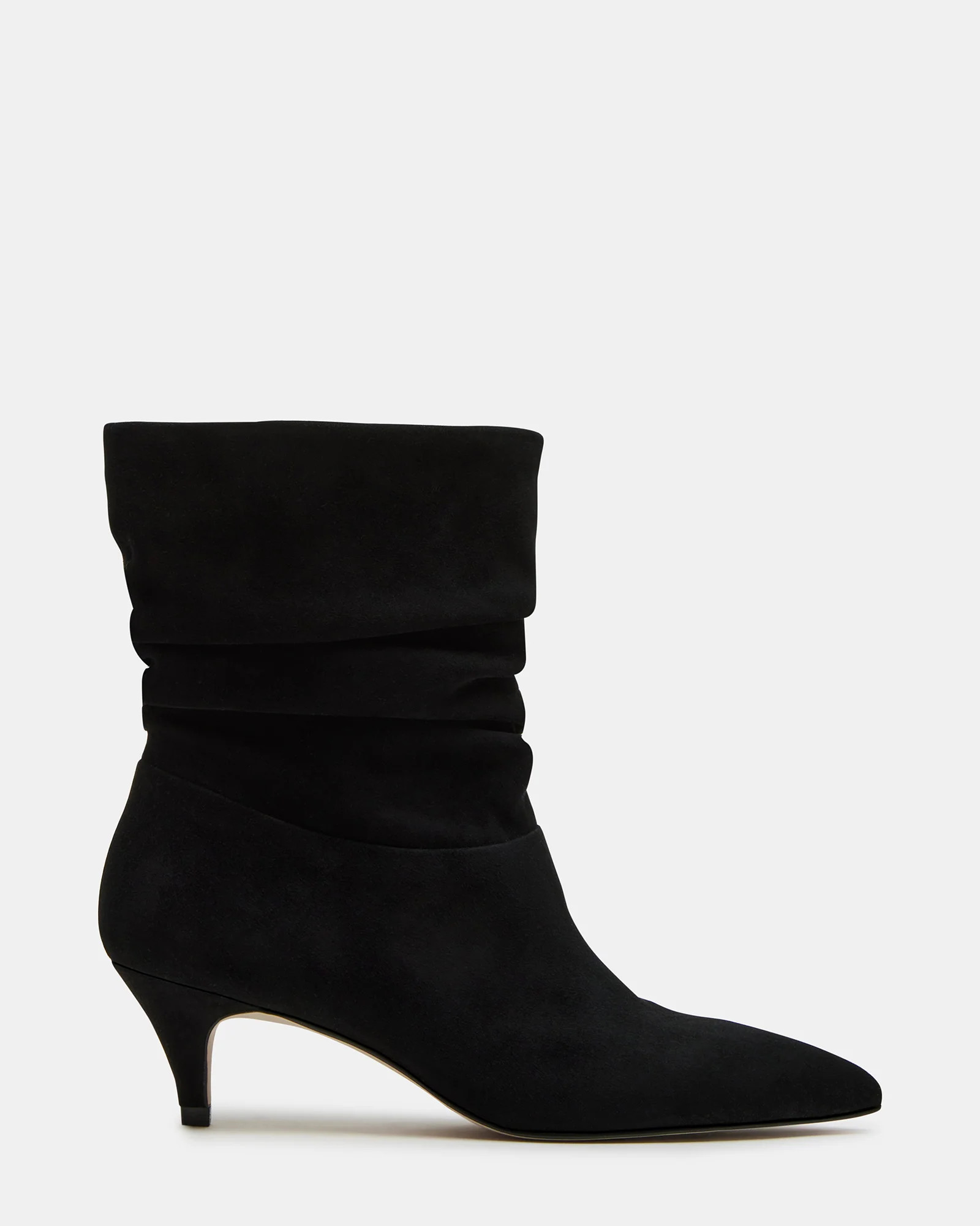 BRINWOOD Black Suede Scrunched Kitten Heel Boot | Women's Booties | Steve Madden (US)