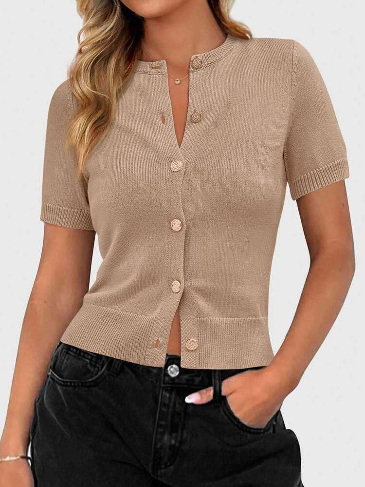 Womens Casual Summer Short Sleeve Cardigans Button Down Knitted Sweater Basic Crew Neck Crop Tops | SHEIN