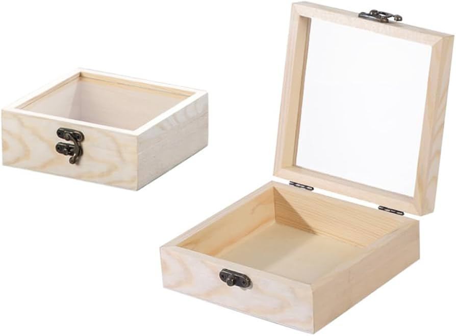 4.72×4.72×1.97 Inch Wooden Square Storage Box with Glass Hinge Lid Iron Clasp Unfinished Clear ... | Amazon (US)