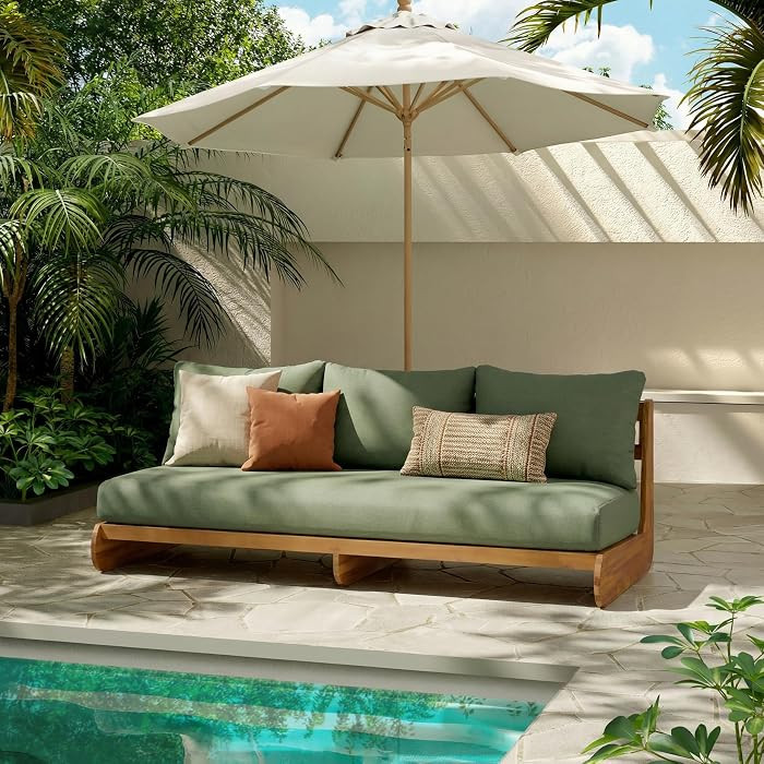 Christopher Knight Home Poppy Acacia Wood Outdoor 3 Seater Sofa with Cushion, Wooden Patio Sofa Couch with Cushion, Comfy Armless Cloud Sofa Couch, Patio Furniture Sofa Set, Teak+Olive Green | Amazon (US)