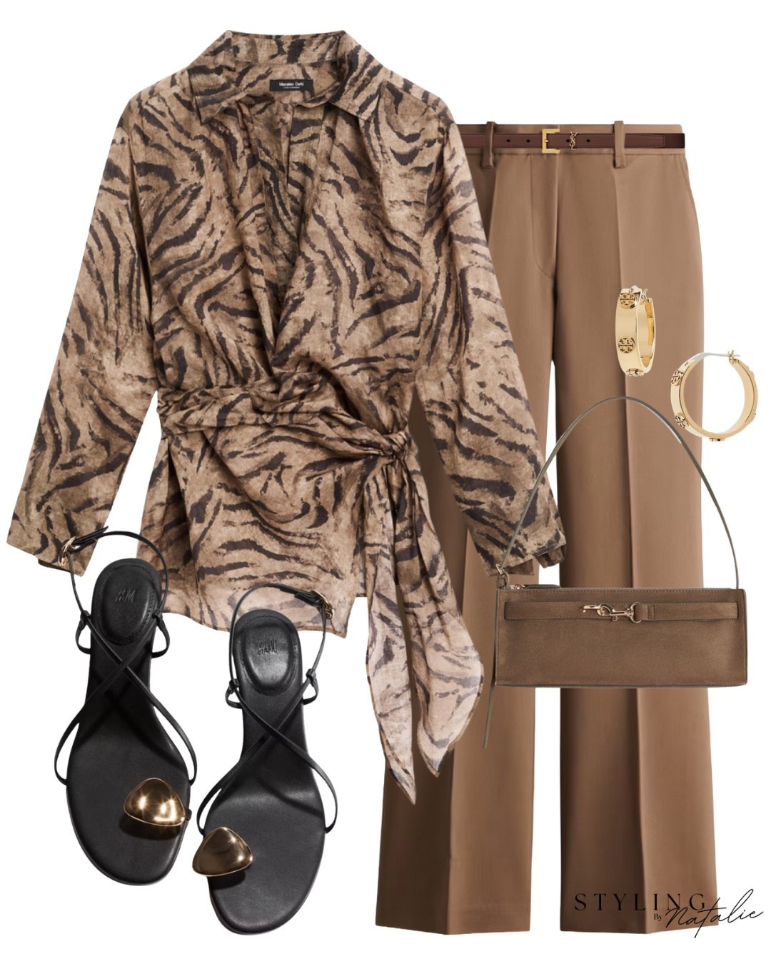 Animal print wrap shirt, brown tailored trousers, suede handbag, heeled sandals & gold hoop earrings. Weekend outfit, smart casual, work wear, summer outfit, tiger print 

#LTKeurope #LTKdatenight #LTKsummer