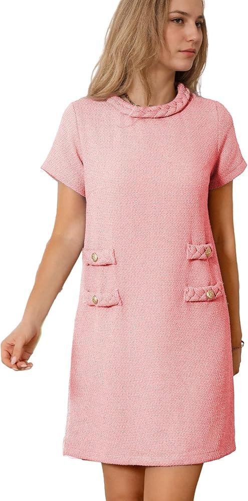 Womens Tweed Jackie Dress Elegant Crew Neck Short Sleeve Button Bodycon Mini Dress | Amazon (US)