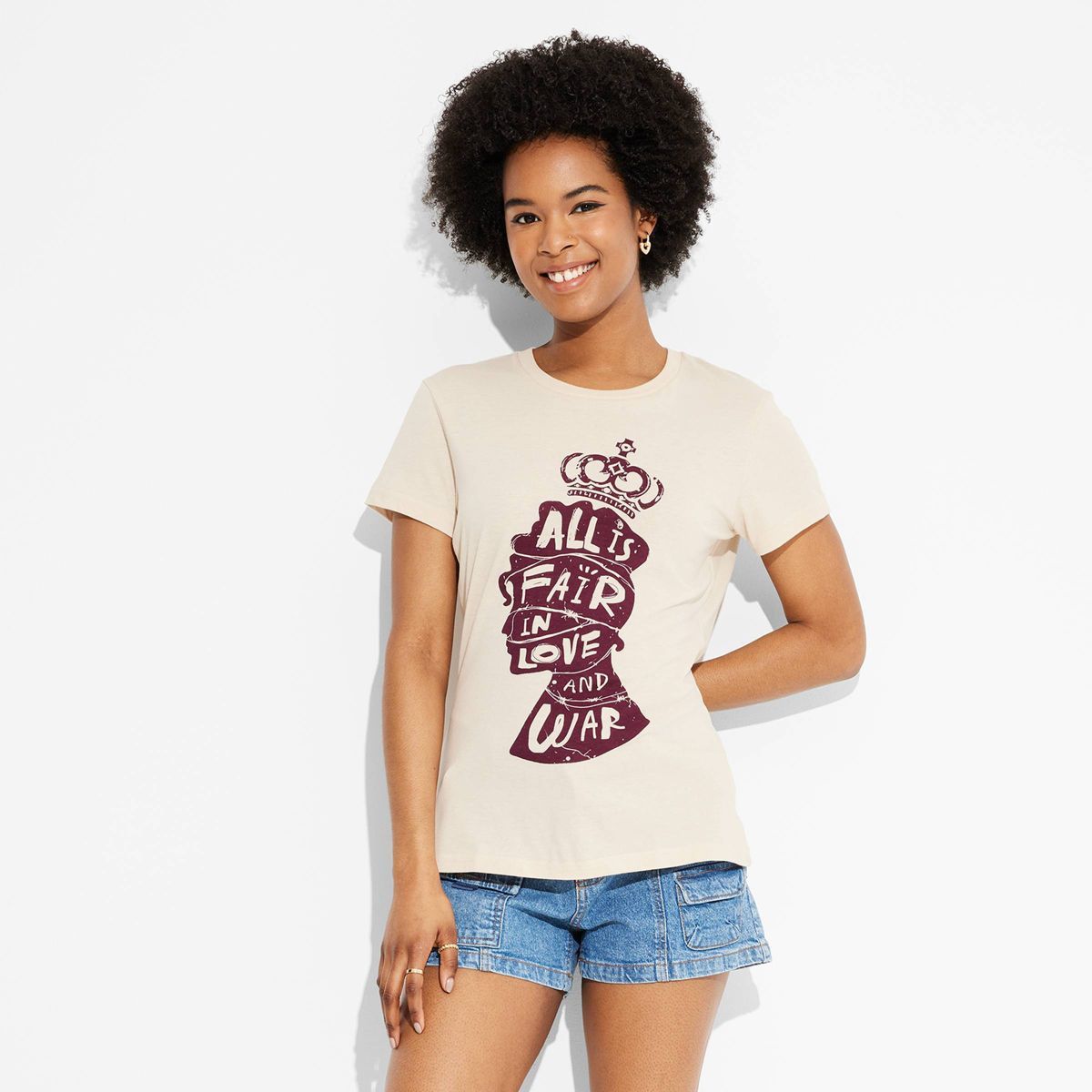 Women's Izzy & Liv Bridgerton All is Fair in Love and War Short Sleeve Graphic T-Shirt - Almond | Target