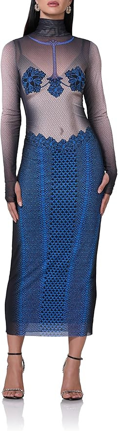 AFRM Womens Shailene Turtleneck Long Sleeve Mesh Bodycon Midi Dress | Amazon (US)