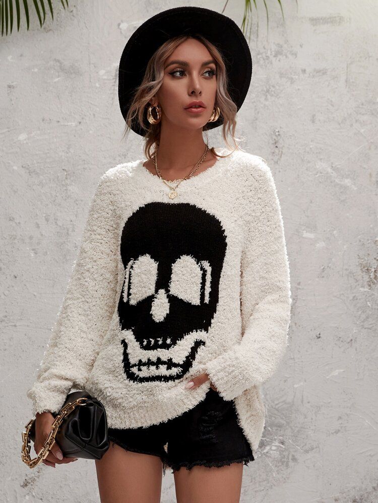 Fuzzy Knit Skull Graphic Sweater | SHEIN