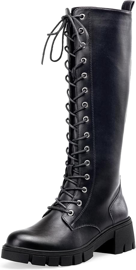 Jeossy Women's Knee High Combat 9603 Boots, Tall Platform Chunky Heel Boots Wide Claf | Amazon (US)