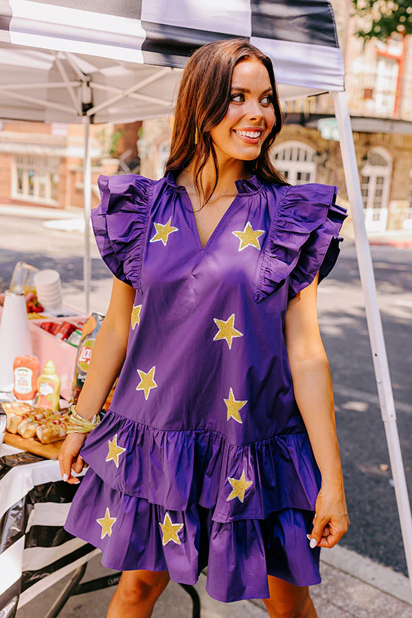 Under The Stadium Lights Ruffle Mini Dress in Purple | Impressions Online Boutique