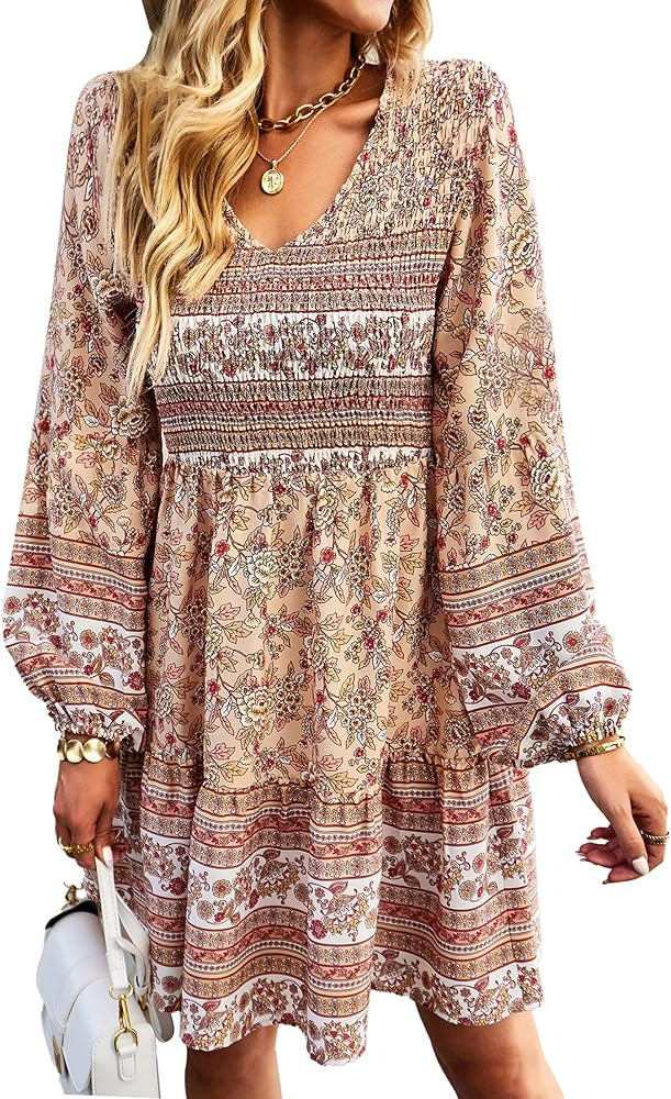 KIRUNDO Women’s Floral Print Ruffle Long Sleeve Mini Dress Crewneck Smocked High Waist A -Line ... | Amazon (US)