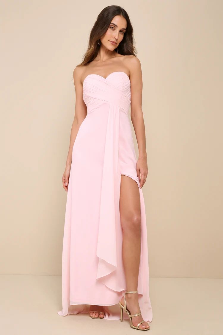 Light Pink Chiffon Pleated Strapless Maxi Dress | Pink Wedding Guest Dress | Lulus