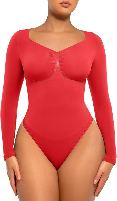 FeelinGirl Women's Long Sleeve Bodysuit for Tummy Control Seamless Body Suits Thong V Neck Going ... | Amazon (US)