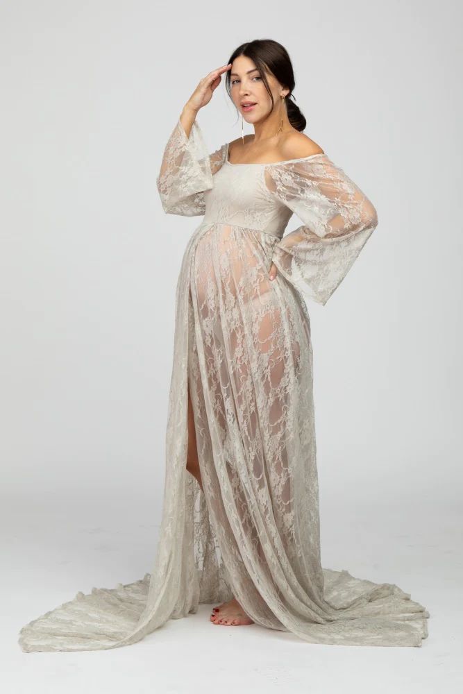 PinkBlush Taupe Lace Off Shoulder Maternity Photoshoot Gown/Dress | PinkBlush Maternity