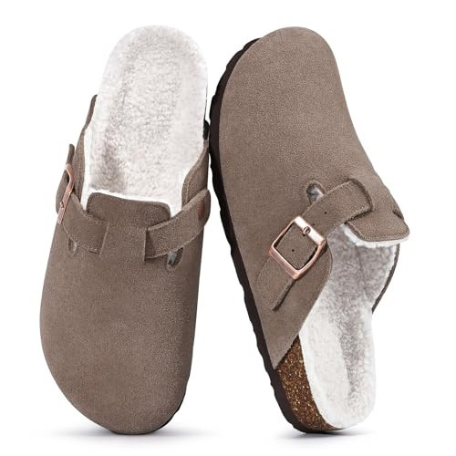 KIDMI Women's Fur Lined Suede Clogs Fuzzy Cork Footbed Mules Slip On Winter Potato Shoes, Mocha 36 (Size 5.5-6) | Amazon (US)