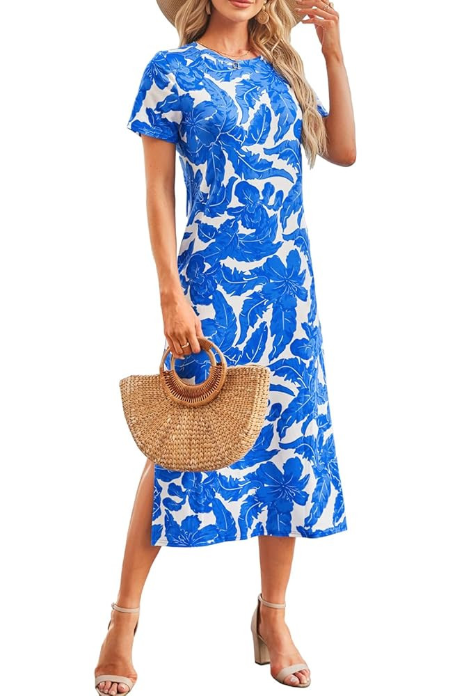Naggoo Women's Short Sleeve Split Maxi Dress Casual Plain Tie Dye Print Tshirt Long Dresses with ... | Amazon (US)