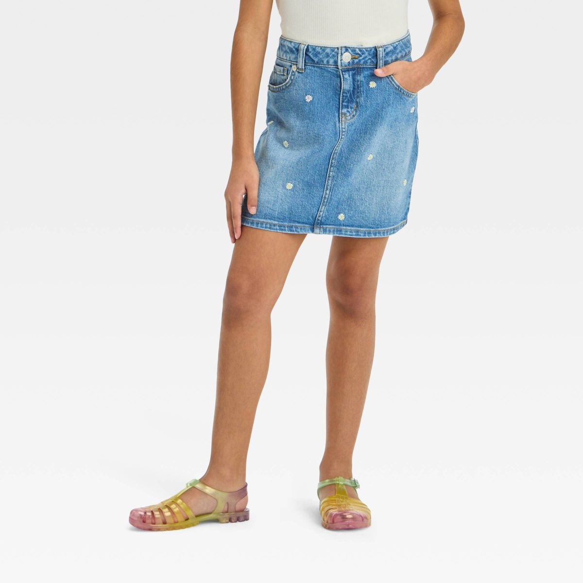 Girls' High-Rise Daisy Embroidered Jean Skirt - Cat & Jack™ Medium Wash | Target